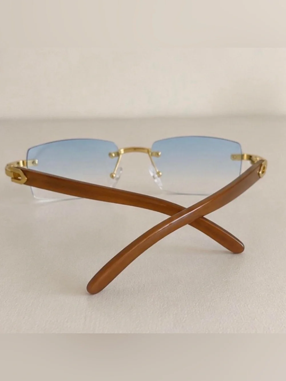 Luxury Rimless Rectangle Sunglasses Blue Gradient Gold Brown